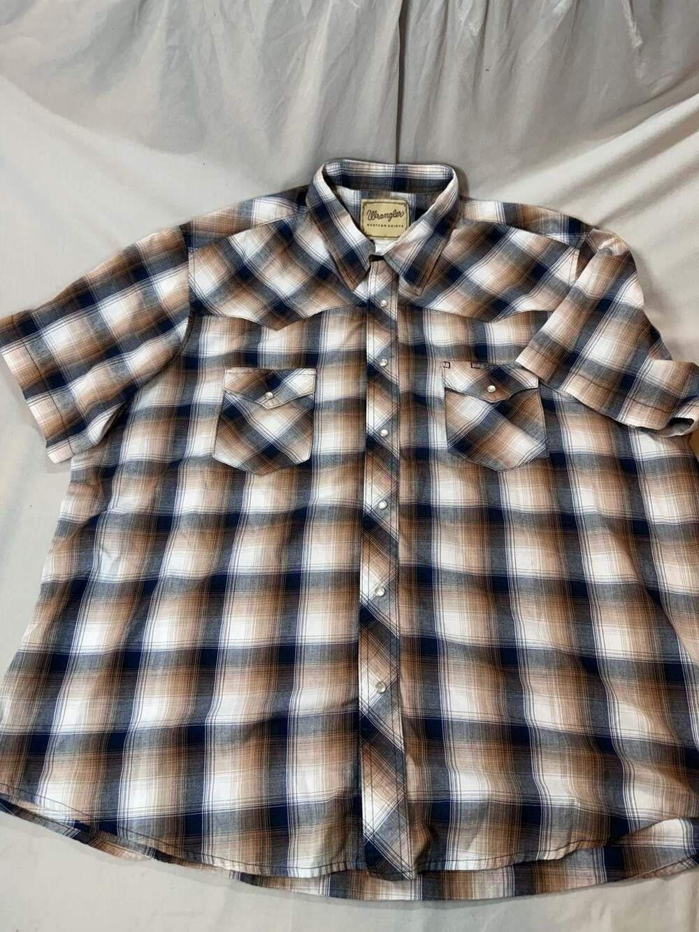Wrangler Men's Big 2XL Short Sleeve Brown and Blue Plaid Western Pearl Snap Shir